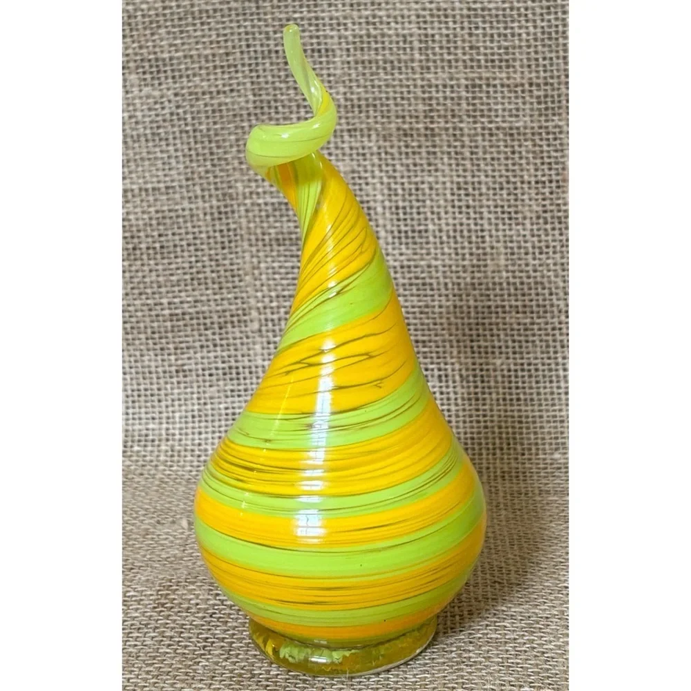 Yellow Green Striped Art Glass Decor Figure Paperweight Pear Shaped Whimsical